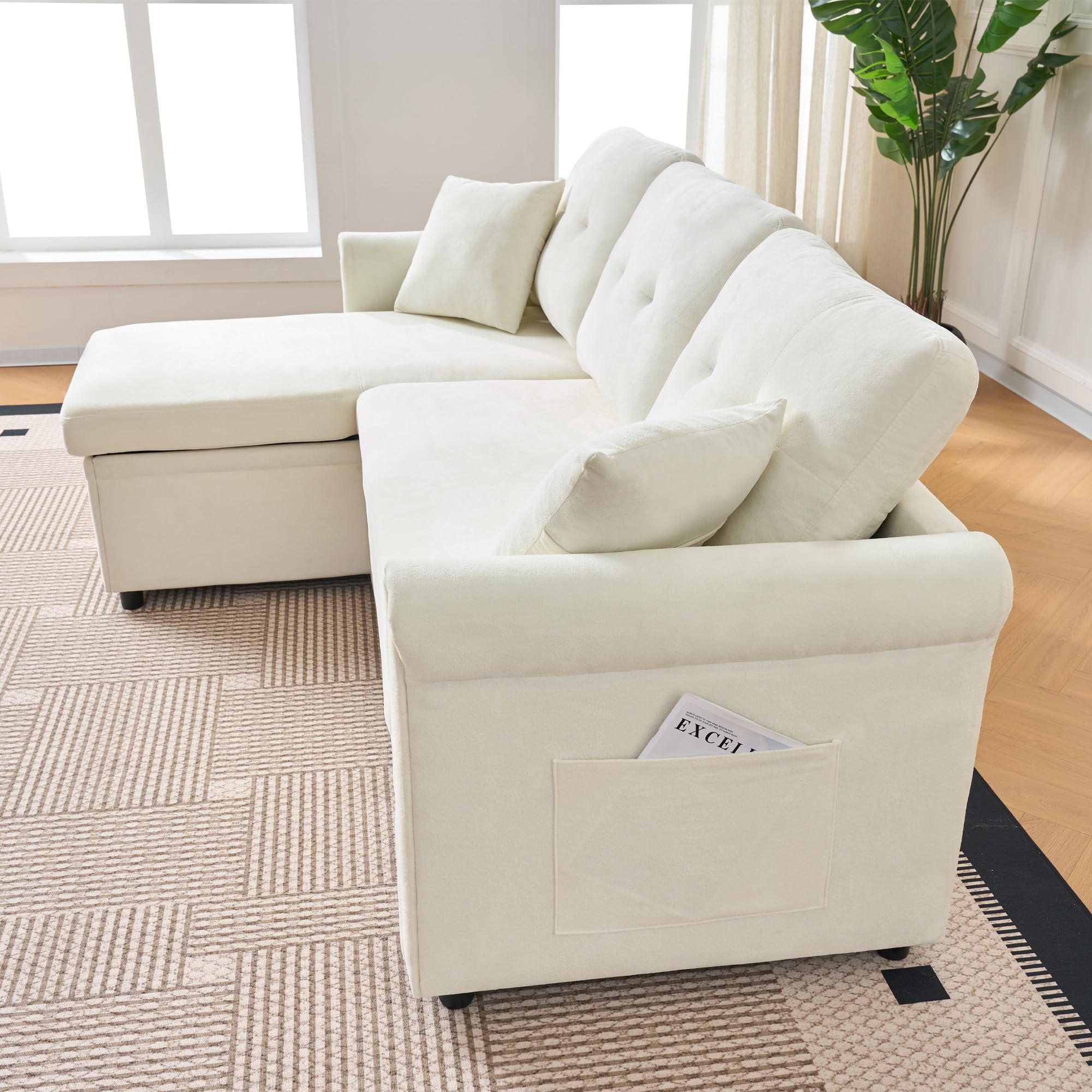 Sofa narożna z funkcją spania i skrzynią na pościel, szenilowa beżowa, 206 x 130 x 85 cm