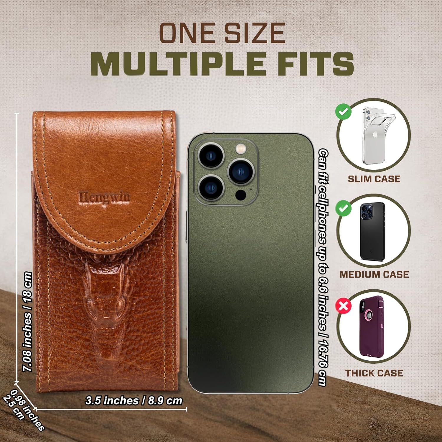 Hengwin Genuine Leather Phone Holster Fits for iPhone 16 Pro Max 15 Plus 14 Pro Max Samsung Galaxy A15 Note 9 8 S23+ S22+ S21 FE S20 Ultra Holster Waist Pouch Belt Clip Case Cell Phone Holder (Brown) - Image 2