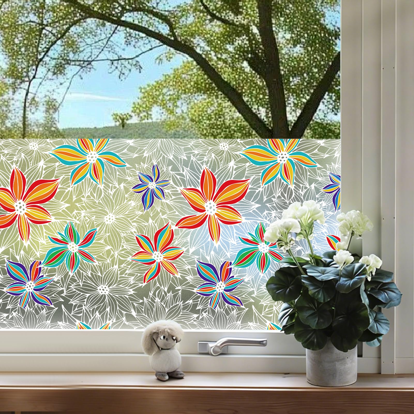 dktie Fensterfolie Weiße Durchbrochene Blumen mit Farbenfrohen Verzierungen Sichtschutzfolie, Statisch Haftende UV-Schutz und Blendschutz, Sichtschutz Getönt, Fensterdekoration 89x200cm