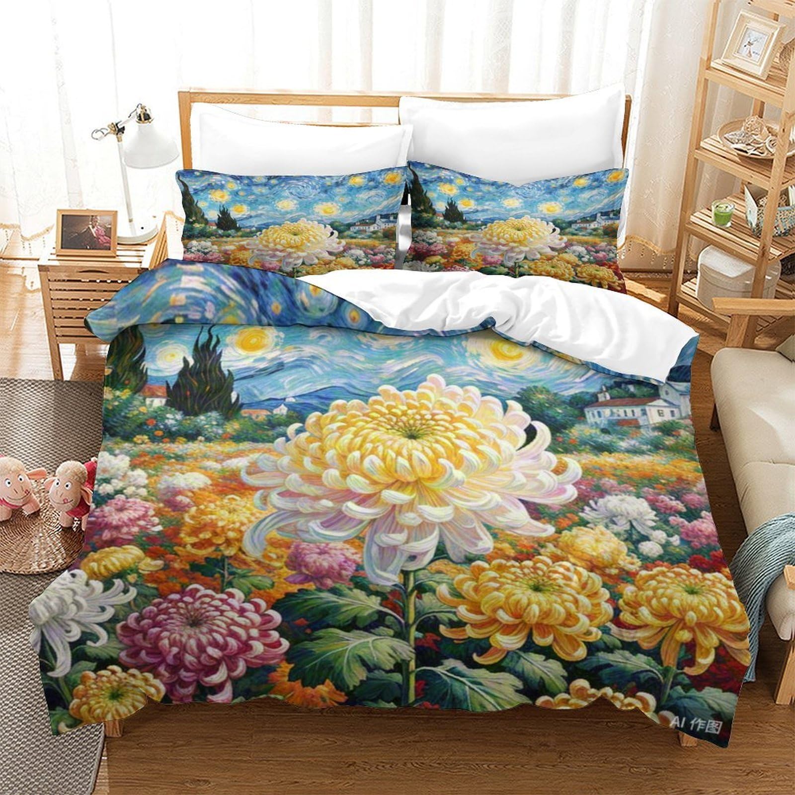 Housse de couette chrysanthème 3D 140x200cm en microfibre avec taie d'oreiller pour lit simple