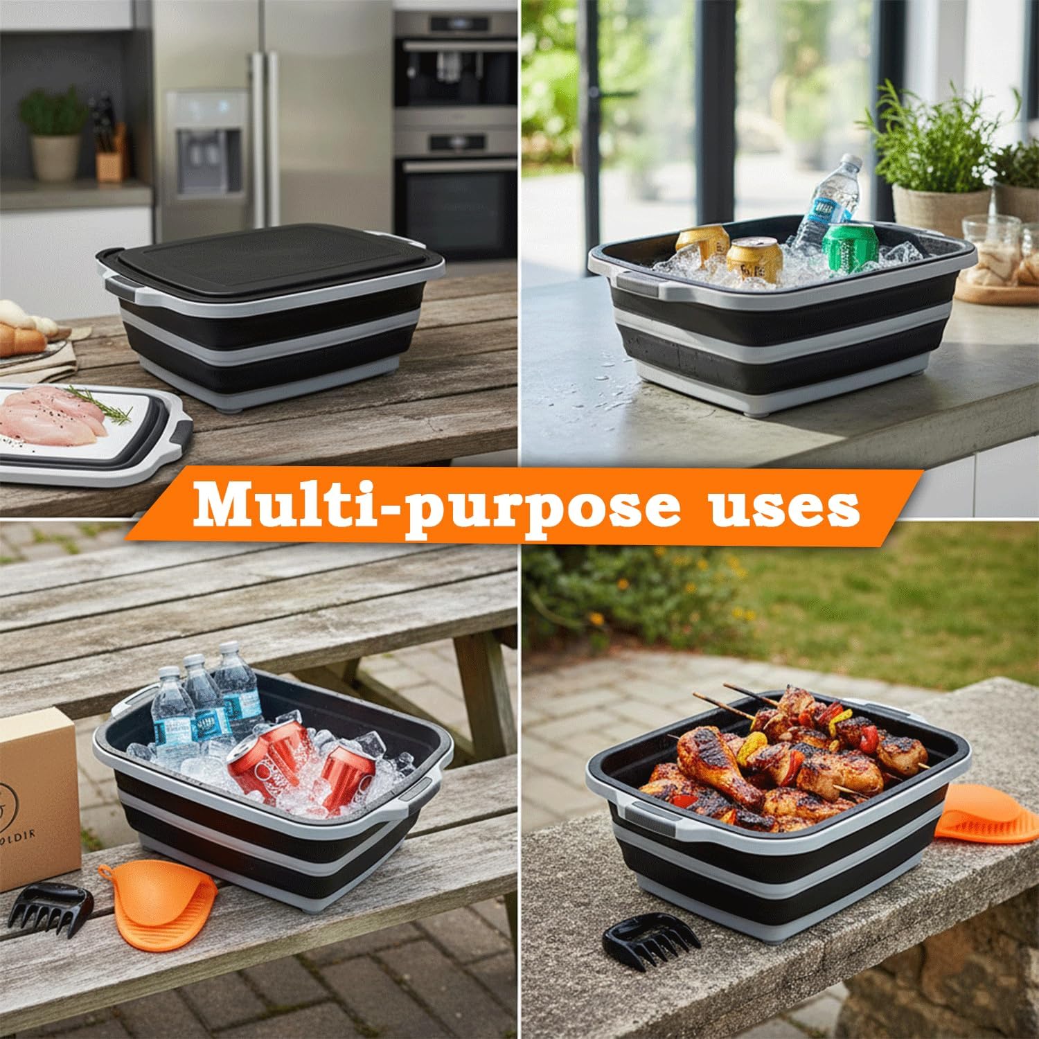 BBQ Prep Tub | Meat Prep Tub with Locking Lid, 2 Meat Shredder Claws & BBQ Mitts Collapsible with Cutting Board, Drain Plug Portable for Camping & Grill Design Picnic,Marinating Meat,Easter Gift