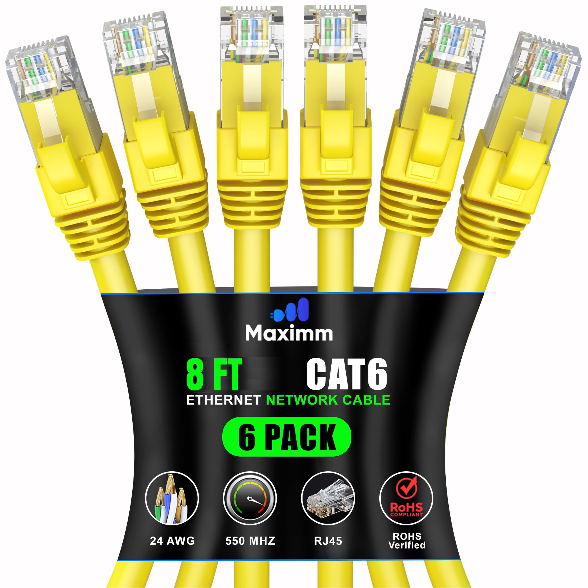 Maximm Cat 6 Ethernet Cable 8 ft (6-Pack) - High-Speed LAN Cable, Internet Cable, Patch Cable, and Network Cable - UTP, 10Gbps, 550MHz Ethernet Cord -