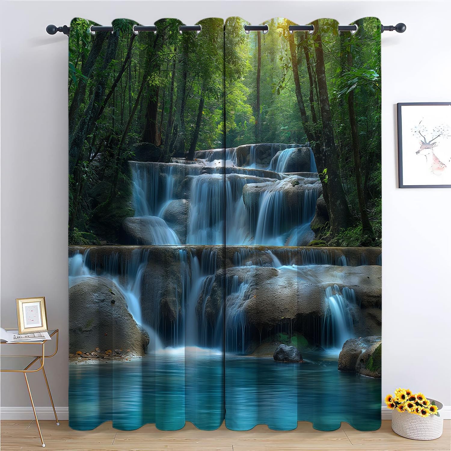CozyRest Cortinas Opacas con Ojales, Parque de los Amantes del Bosque en Tailandia, Térmicas y Aislantes para Dormitorio o Salón, Cascada y Rocas 150 x 166 cm