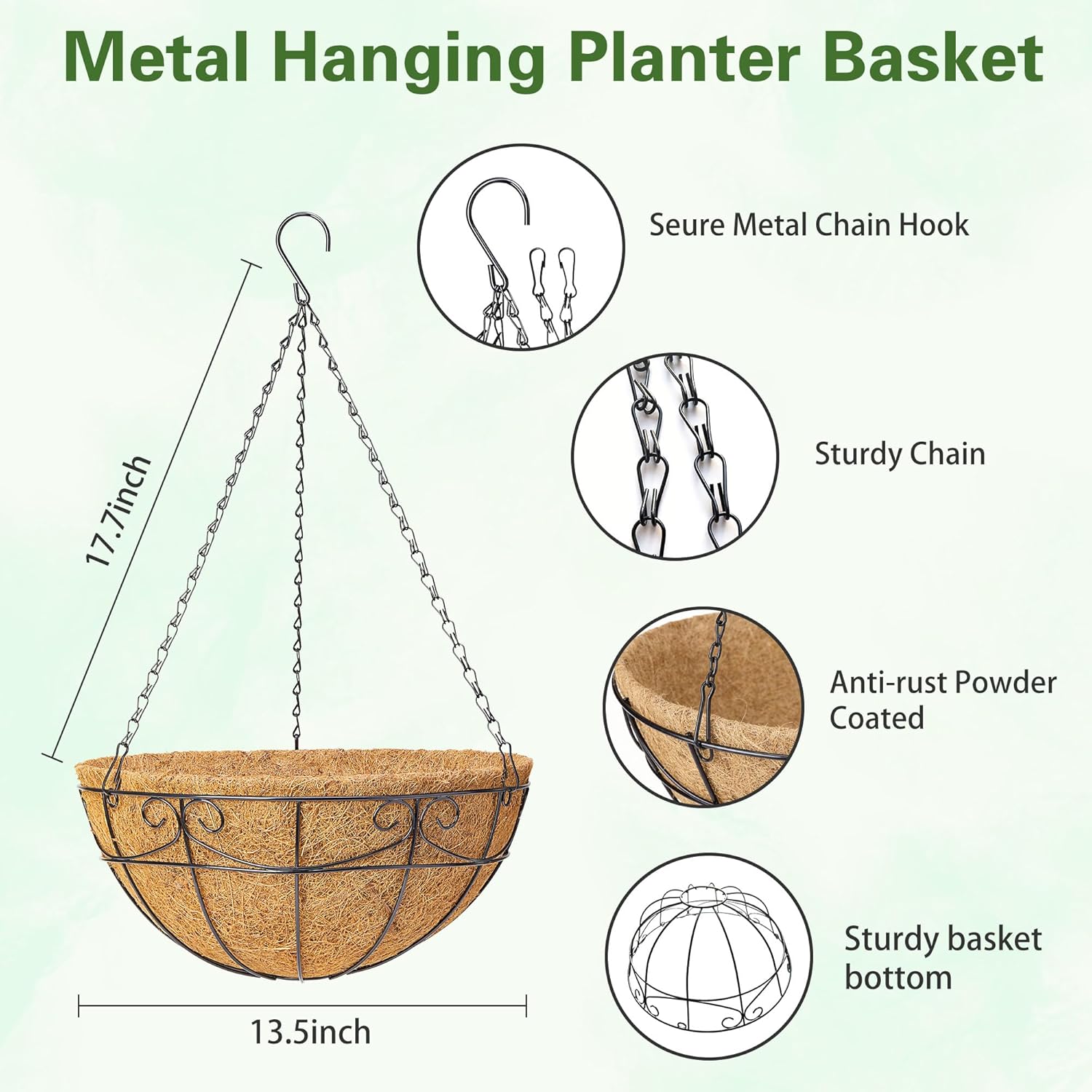 4 Pack 13.5 Inch Hanging Baskets for Plants Outdoor - Metal Hanging Planters for Outdoor Plants with Coco Liners - Heavy Duty Empty Hanging Flower Pots for Porch Patio Garden