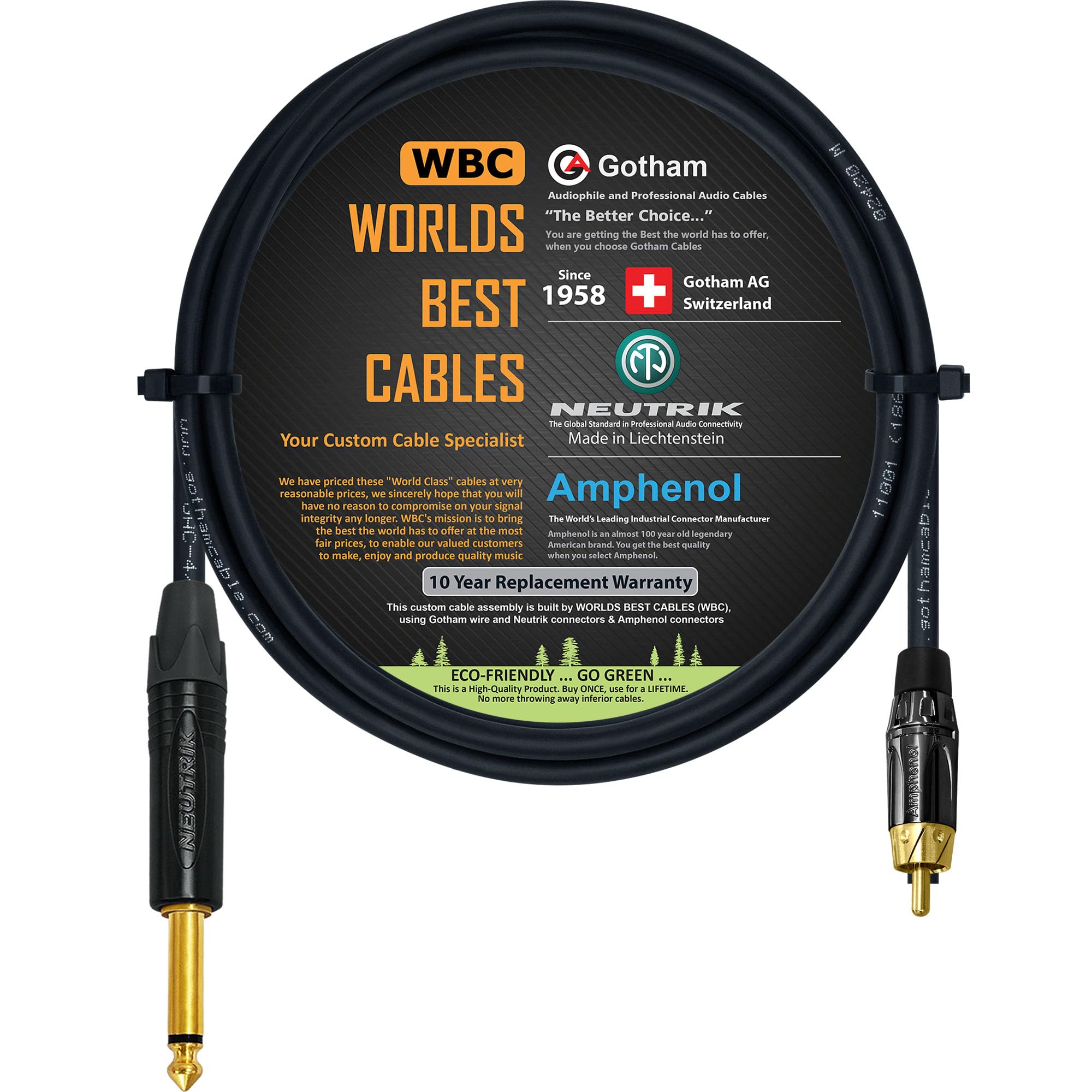 WORLDS BEST CABLES 3 Foot – TS to RCA Cable – Gotham GAC-4/1 (Black) Star-Quad Audio Interconnect Cable & Neutrik NP2X-B & Amphenol ACPL-CBK Gold Plugs - Custom Made