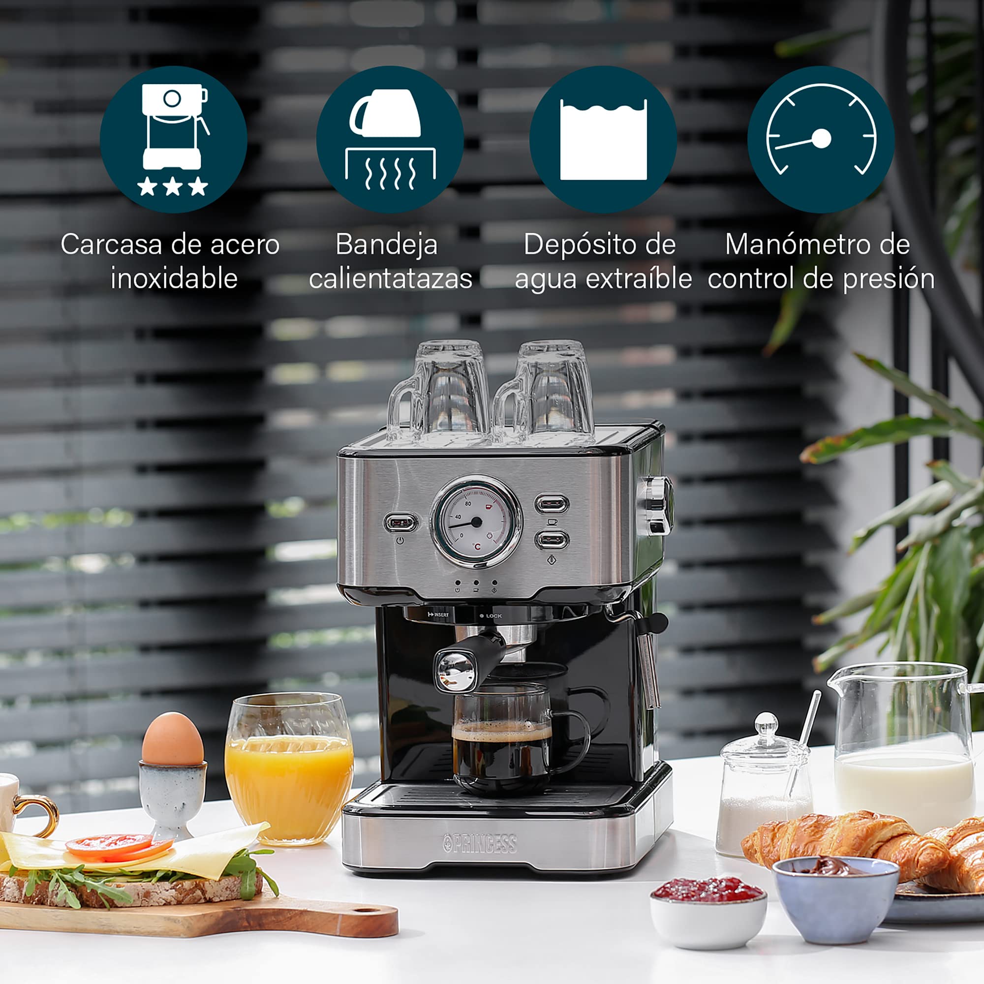 Princess 249412 Máquina de café para Espresso, Compatible con cápsulas Nespresso y café molido, 1 o 2 tazas, 20 bares de presión, Depósito extraíble de 1.5L, con espumador de leche, 1100 W