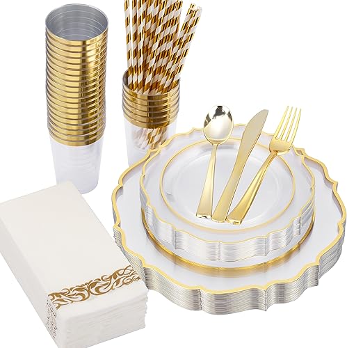 Miniatura 9 de 200 platos de plástico azul de alta calidad para 25 invitados, platos desechables azules y dorados, incluye 25 platos de plástico para cenapostre,