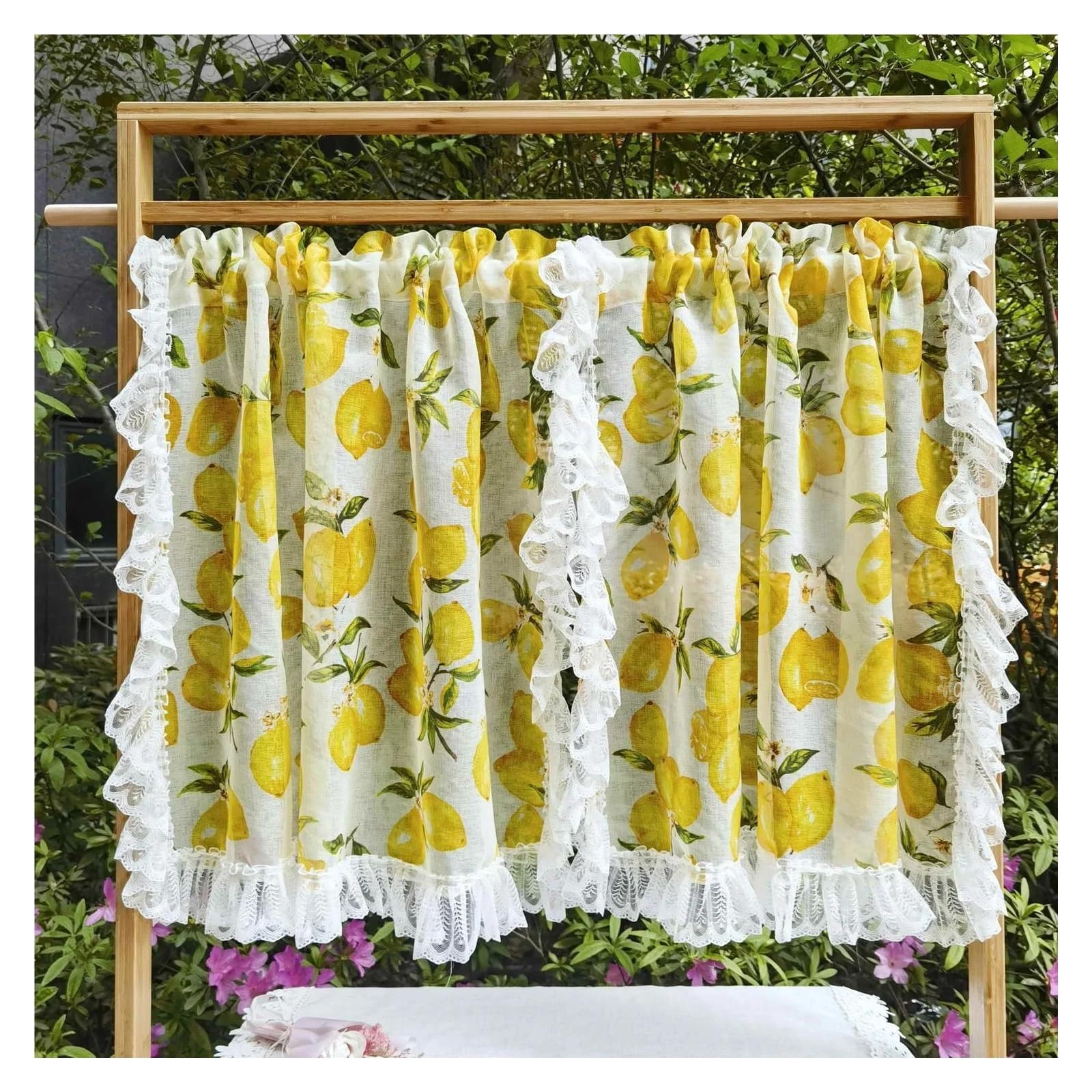 Landhausstil Kurzgardine Kurze Vorhänge Tiers Rüschen Spitze Sheers for Zimmer Küche Halb Fenster(Yellow,1 Panel W100xH80cm)