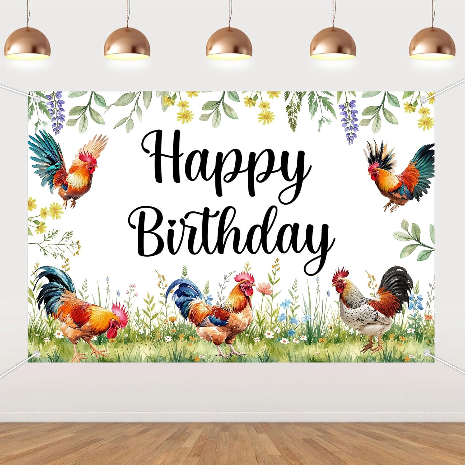 5x3ft Rooster Happy Birthday Backdrop - Rooster Birthday Party Decorations for Boys Girls Adults, Farmhouse Chicken Themed Photo Booth Background Farm Animal Chick Barnyard Party Supplies