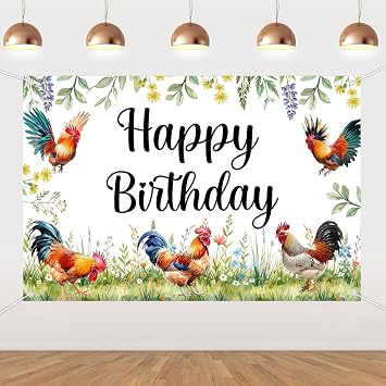 5x3ft Rooster Happy Birthday Backdrop - Rooster Birthday Party Decorations for Boys Girls Adults, Farmhouse Chicken Themed Photo Booth Background Farm Animal Chick Barnyard Party Supplies