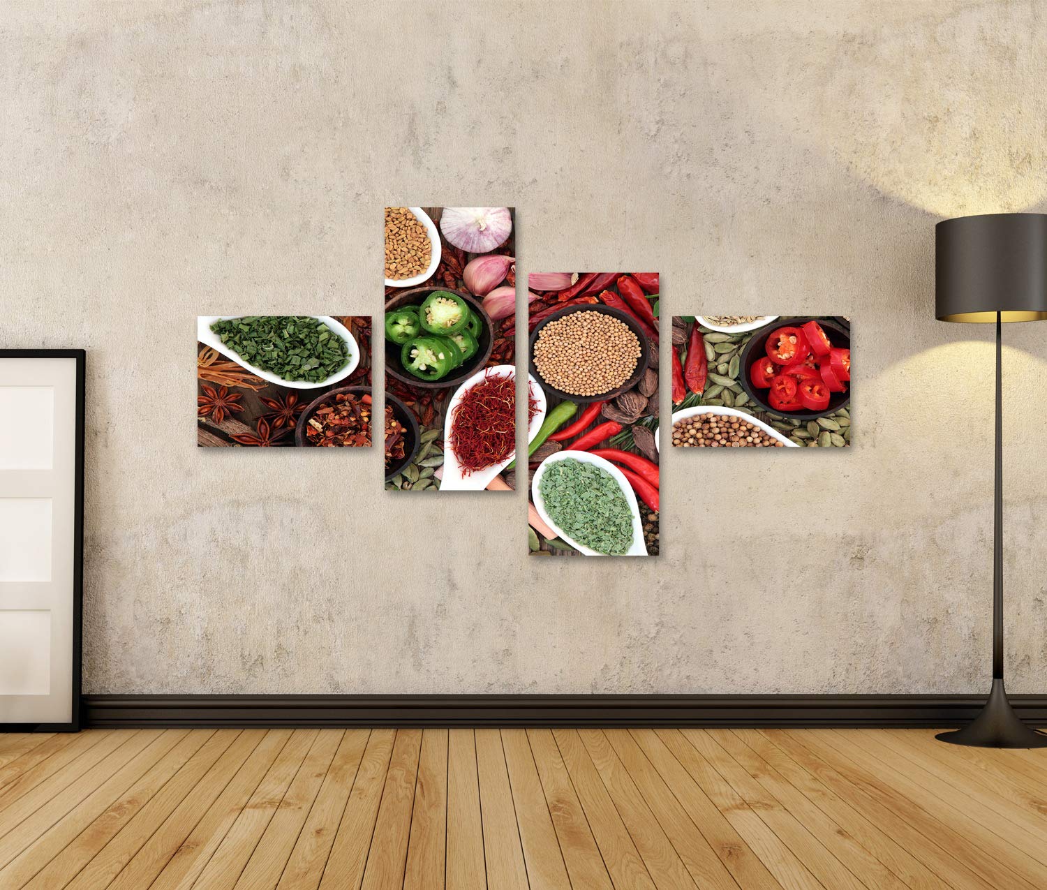 islandburner Quadro su tela Grande collezione di spezie ed erbe in ciotole e cucchiai che formano uno sfondo astratto Stampe Arte Poster Murale