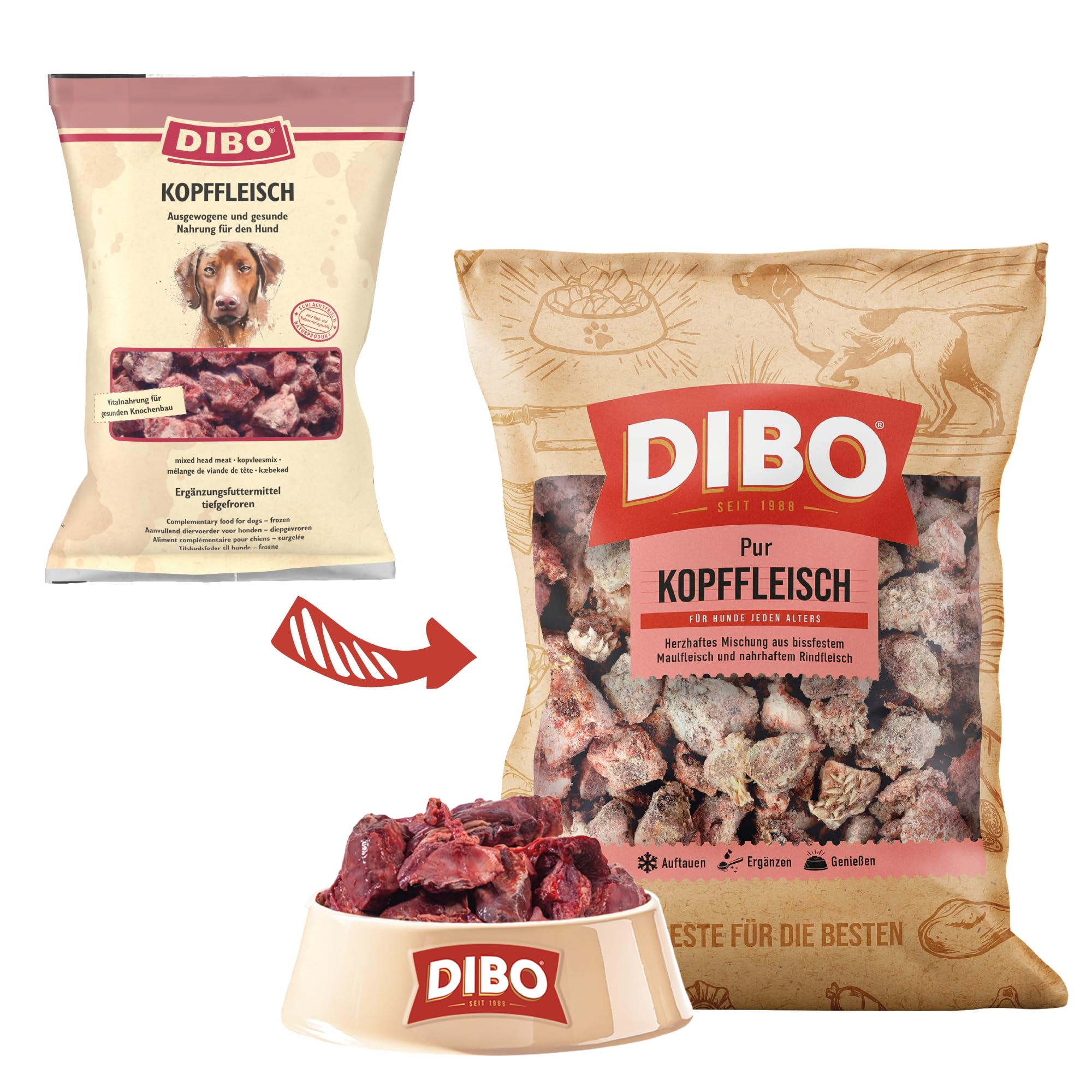 DIBO Kopffleisch, 9 x 2.000g-Beutel, Tiefkühlfutter, gesunde, natürliche Ernährung für Hunde, Hundefutter, Barf, B.A.R.F.