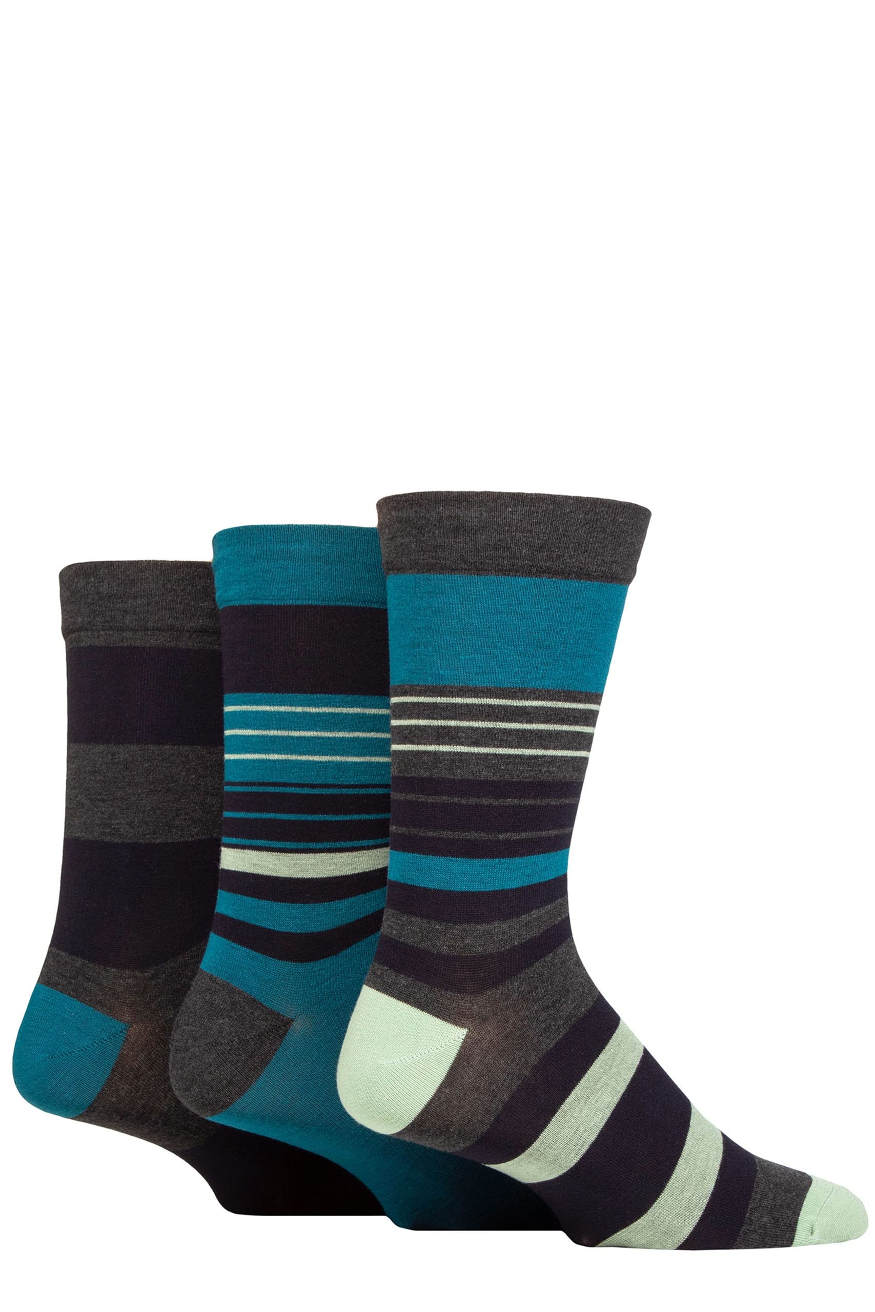 Sockshop Men's Sage Comfort Cuff Socks - Striped And Plain Soft Breathable & Cooling Bamboo Material Multipack Of 3 Pairs 7-11