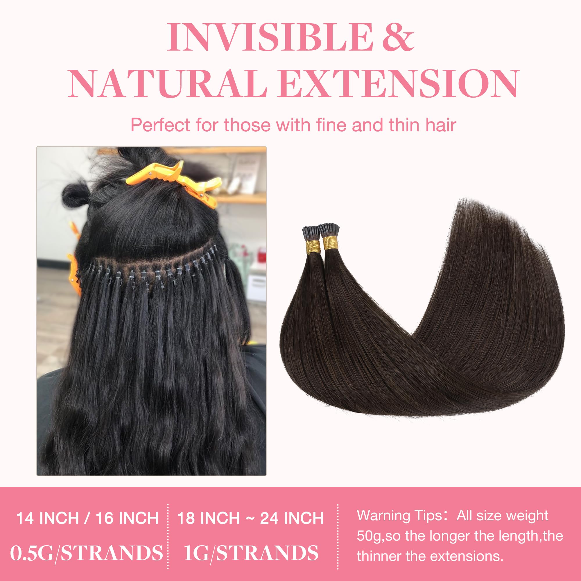 GOO GOO I Tip Hair Extensions Real Human Hair, Light Brown 50g 50 Strands 20inch Cold Fusion I Tip Hair Extensions - Image 3