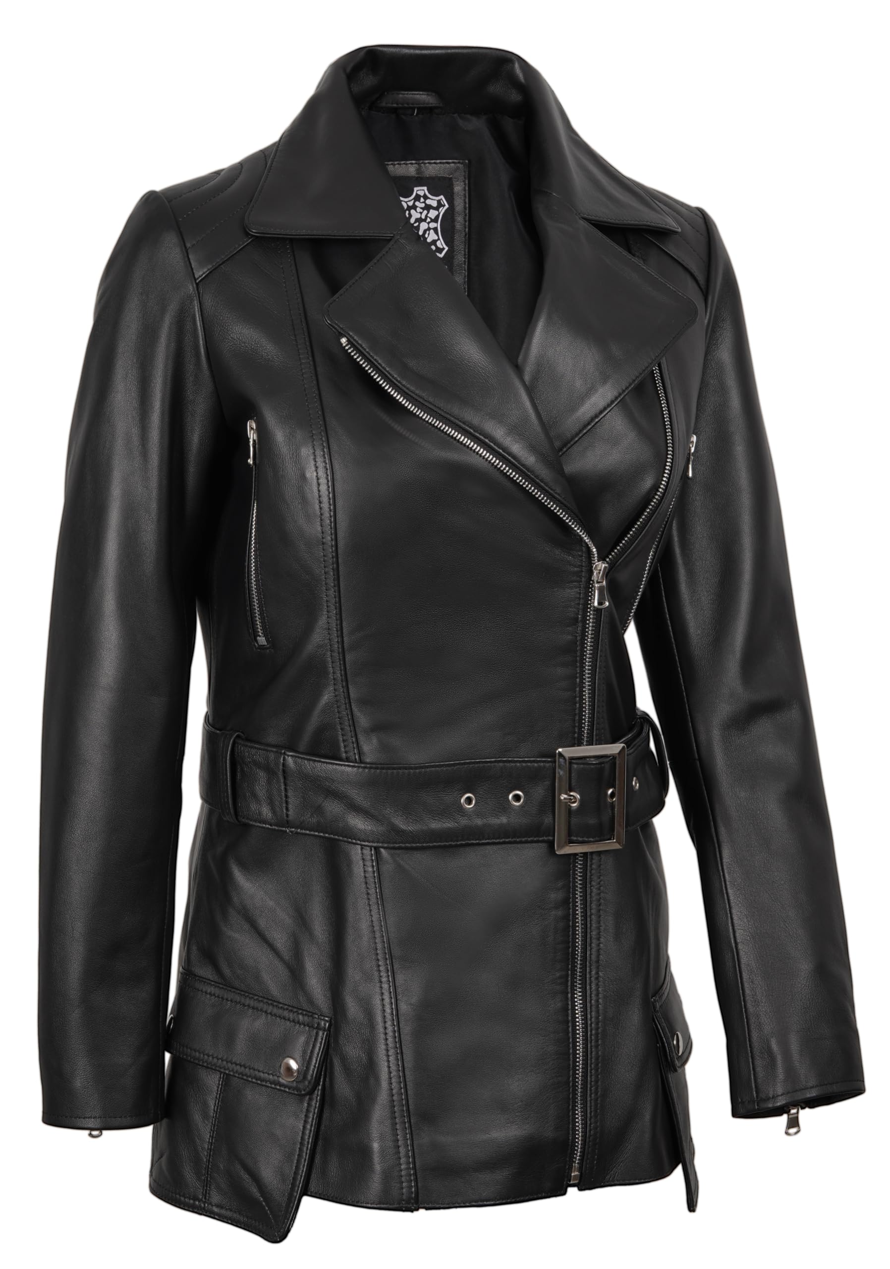 Decrum Asymmetrical Womens Leather Jacket - Belted Style Real Lambskin Leather Jackets For Women — view 3