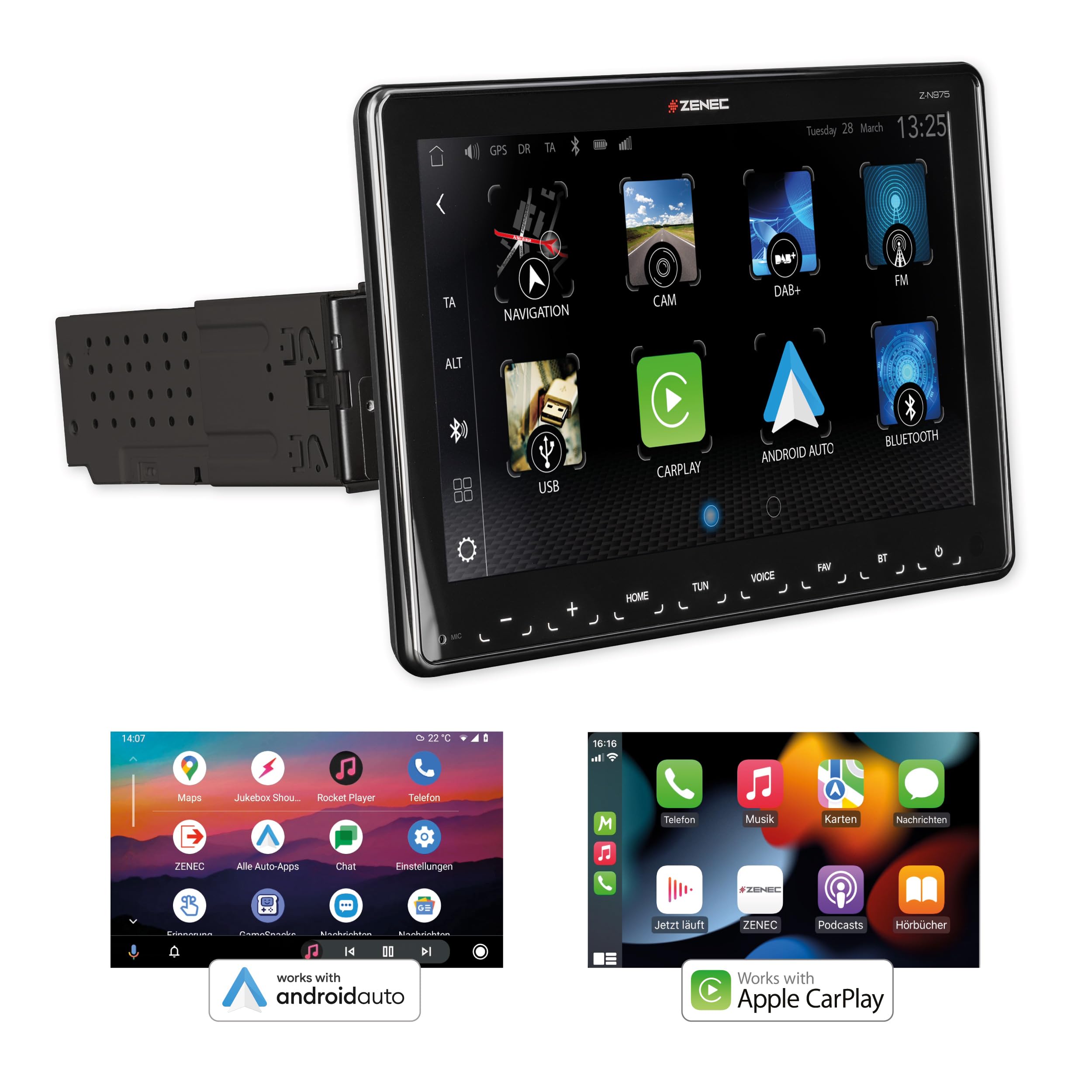 ZENEC Z-N975 – radio samochodowe 1-DIN, system multimedialny z ekranem dotykowym 9"/22,9 cm, centrum multimedialne z DAB+, bezprzewodowym systemem Android Auto/Apple CarPlay, DAB+, USB, możliwość