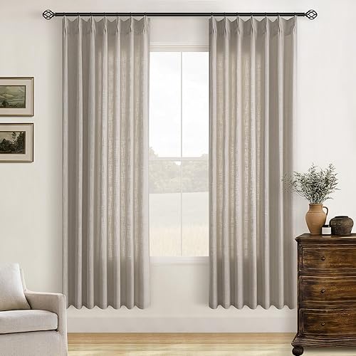 Miniatura 168 de Cortinas plisadas de lino neutro de 84 pulgadas de largo, juego de 2 paneles para sala de estar, comedor, con trabilla trasera de pliegues pinzados,