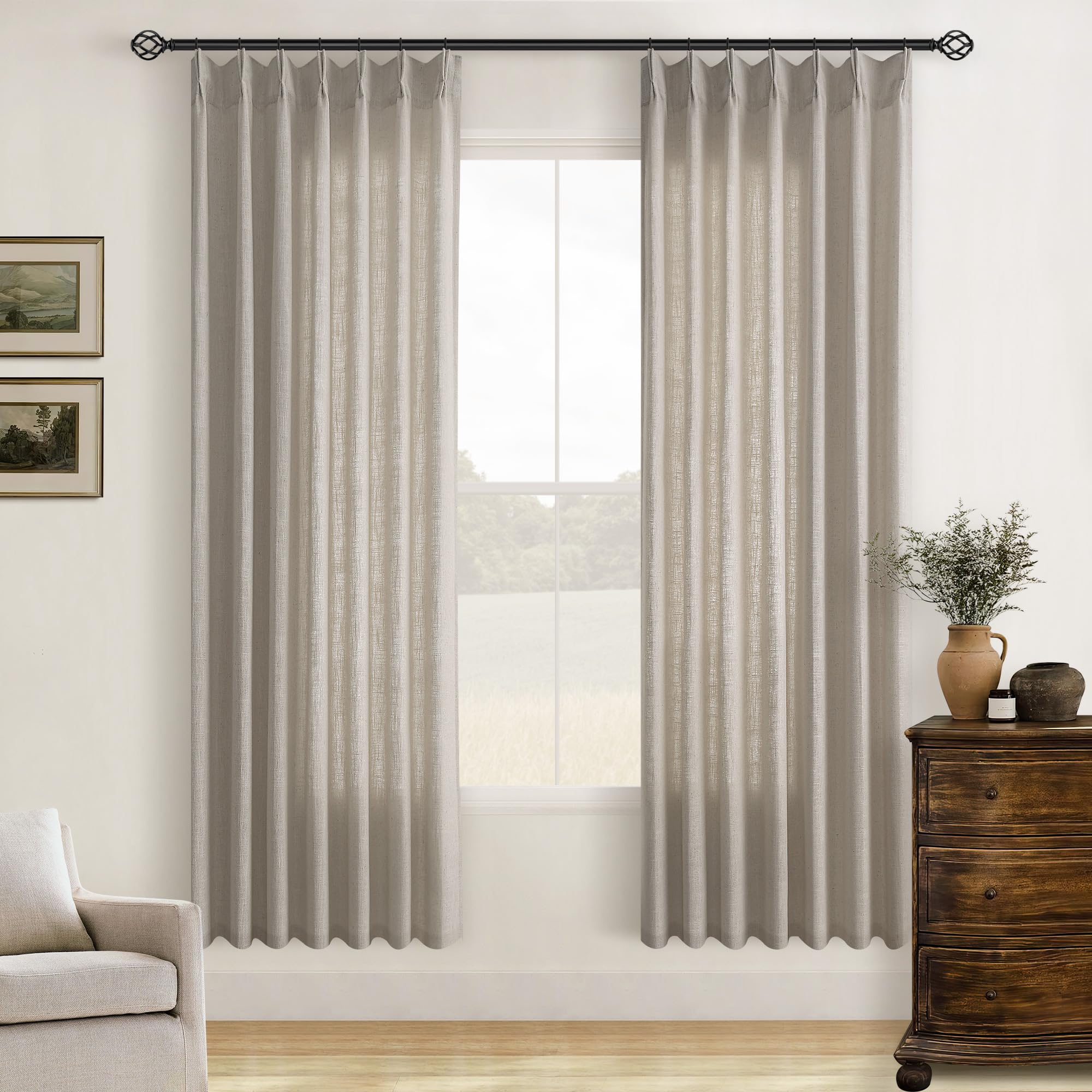 Burlywood Birch Pleated Linen Semi Sheer Curtains 78 Inches Long 2 Panels