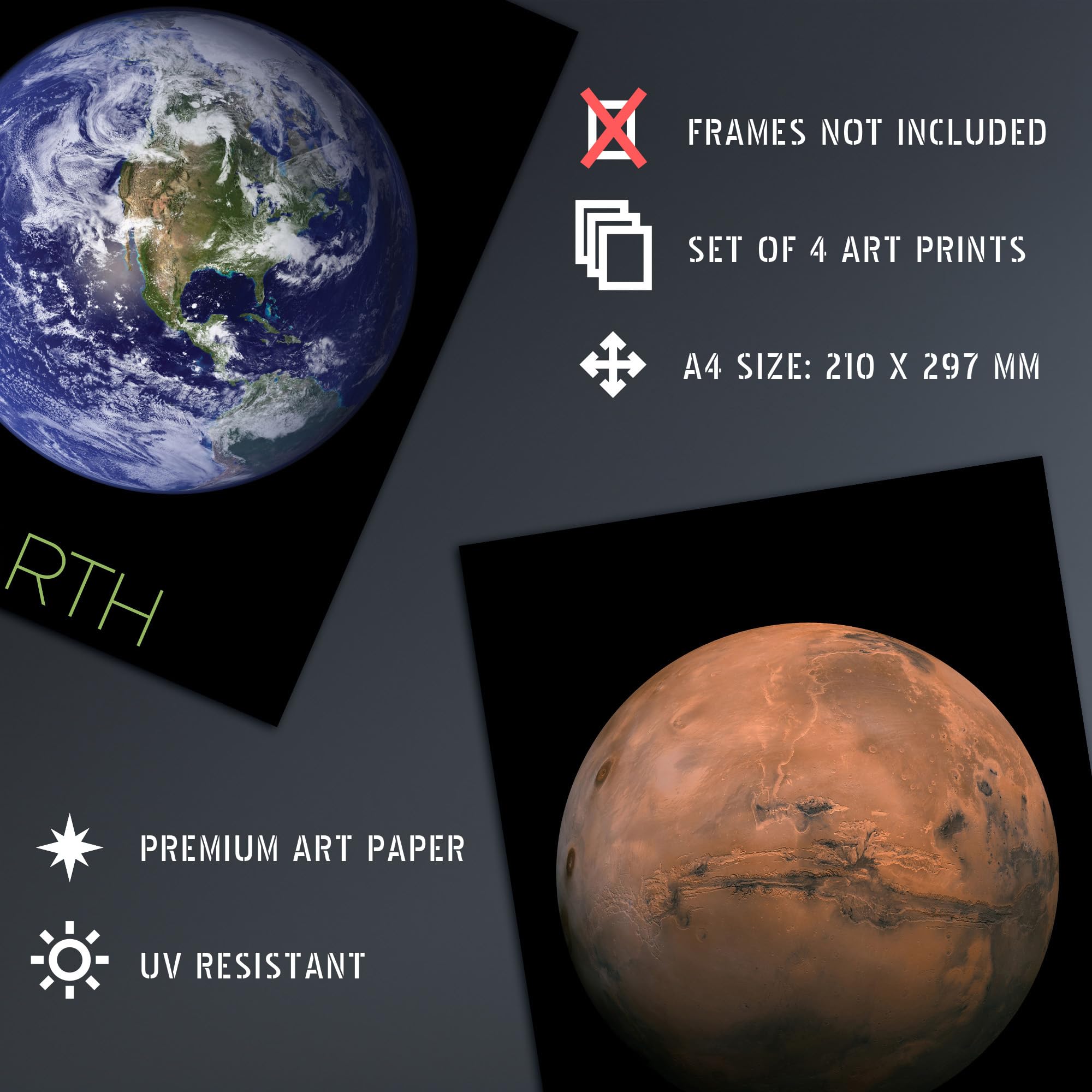 Artery8 Pack of 4 NASA Our Solar System The Sun and Planets Size Comparison Mars Earth Jupiter Images Unframed A4 Wall Art Living Room Prints Set - Image 4