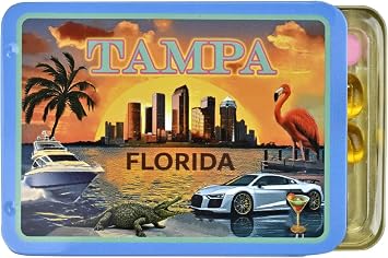 Tampa Fridge Magnet by Pillzar, Tin Portable Pill Box with 3 Compartments, Vitamin Organizer, Unique Collectible Souvenir Gift, Travel Friendly, 3.5 X 2.6