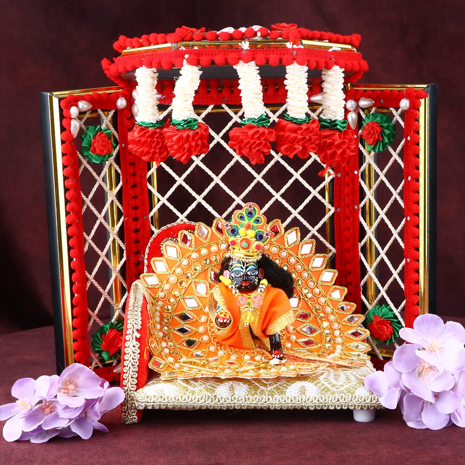 Satvik 1 Pc Laduu Gopal Phool Bangla Pujan Flower Backdrop Asan Lord Krishna Kishan Thakurji God Sculpture Murti Idol Statue Diwali Floral Stand Housewarming Return Gifts Item (Pack of 1, RED)