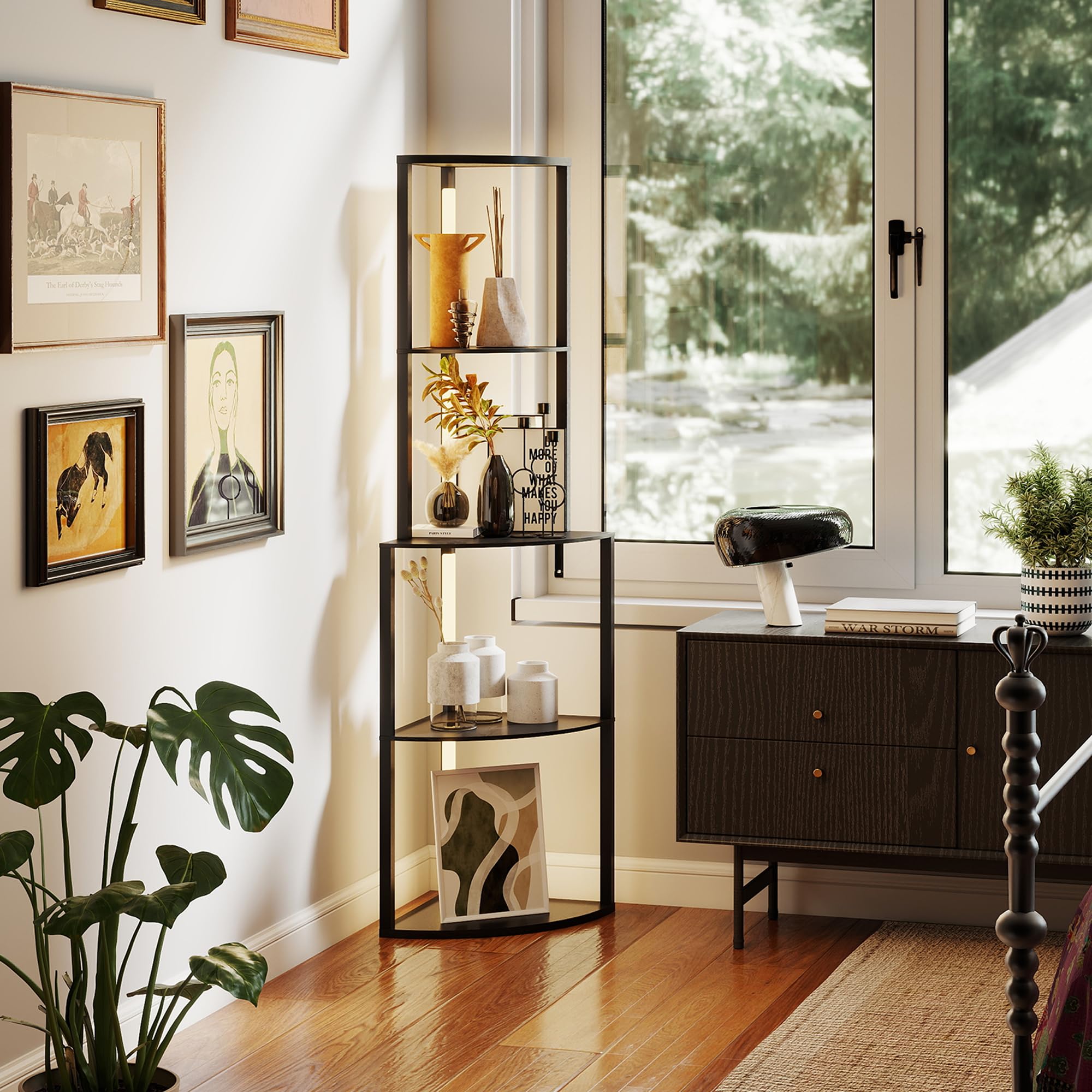 HOMCOM Stehleuchte Wohnzimmer, Stehleuchte mit 4-stufigen Eckregalen, moderne LED-Lampe, regulierbare Helligkeit, Fußschalter, für Wohnzimmer, Schlafzimmer, Büro, schwarz