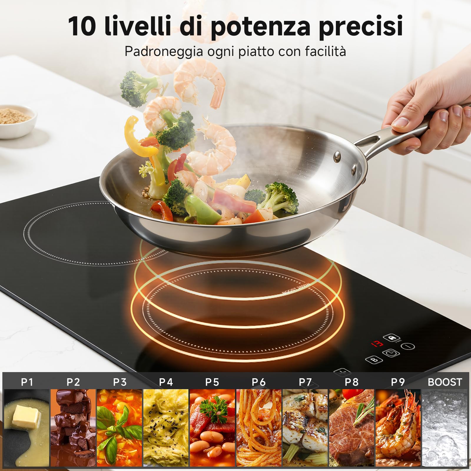 AMZCHEF piastra induzione 2 fuochi, con riscaldamento continuo, 10 livelli di potenza e funzione Boost, blocco di sicurezza e timer, protezione dal surriscaldamento, da incasso/portatile, 3700W