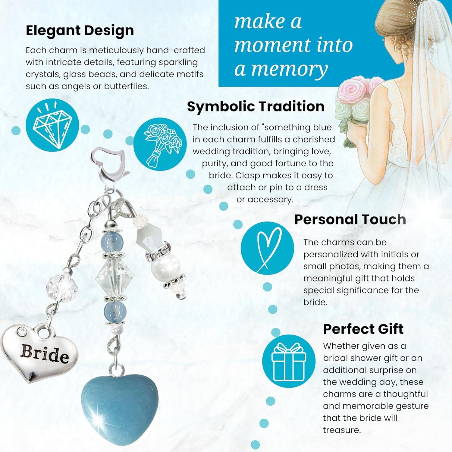 Gutsy Goodness Something Blue Aventurine Quartz Heart Bride Gift For Wedding Day, Semi-Precious Stone Handmade Bouquet Charm | Bonus Jewelry Travel Pouch Set Message Card, Bridal Shower Daughter - Image 7