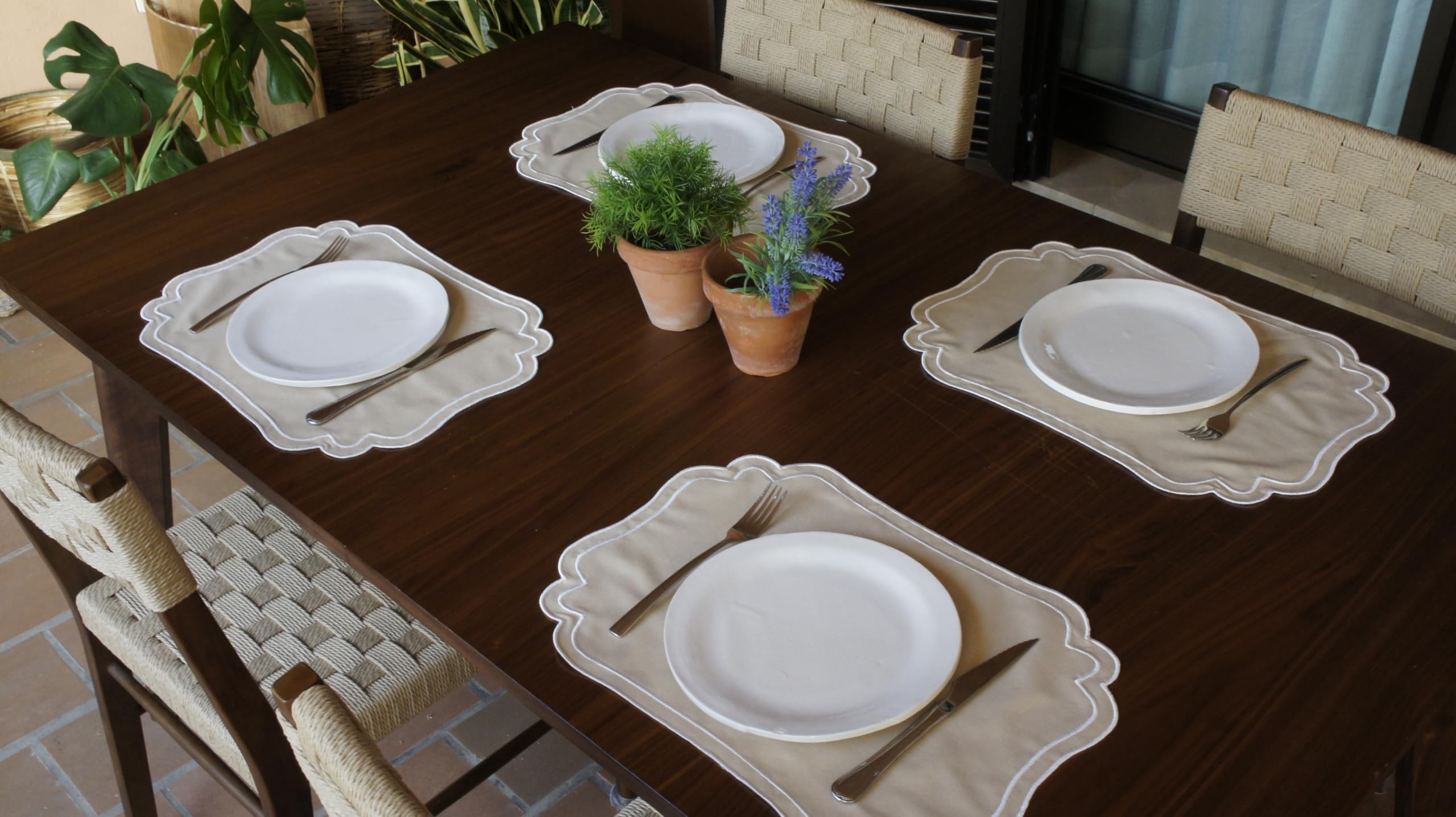 Set 6 Tovagliette Tessuto Ricamo Ondulato, Beige