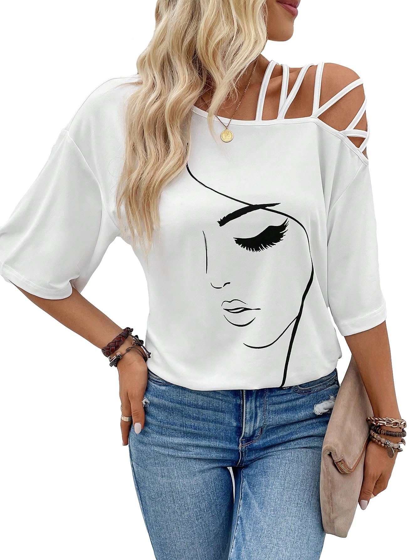 SOLY HUXWomen's Figure Graphic Tees Criss Cross Cut Out Half Sleeve T Shirt Summer Tops, White Figure, S