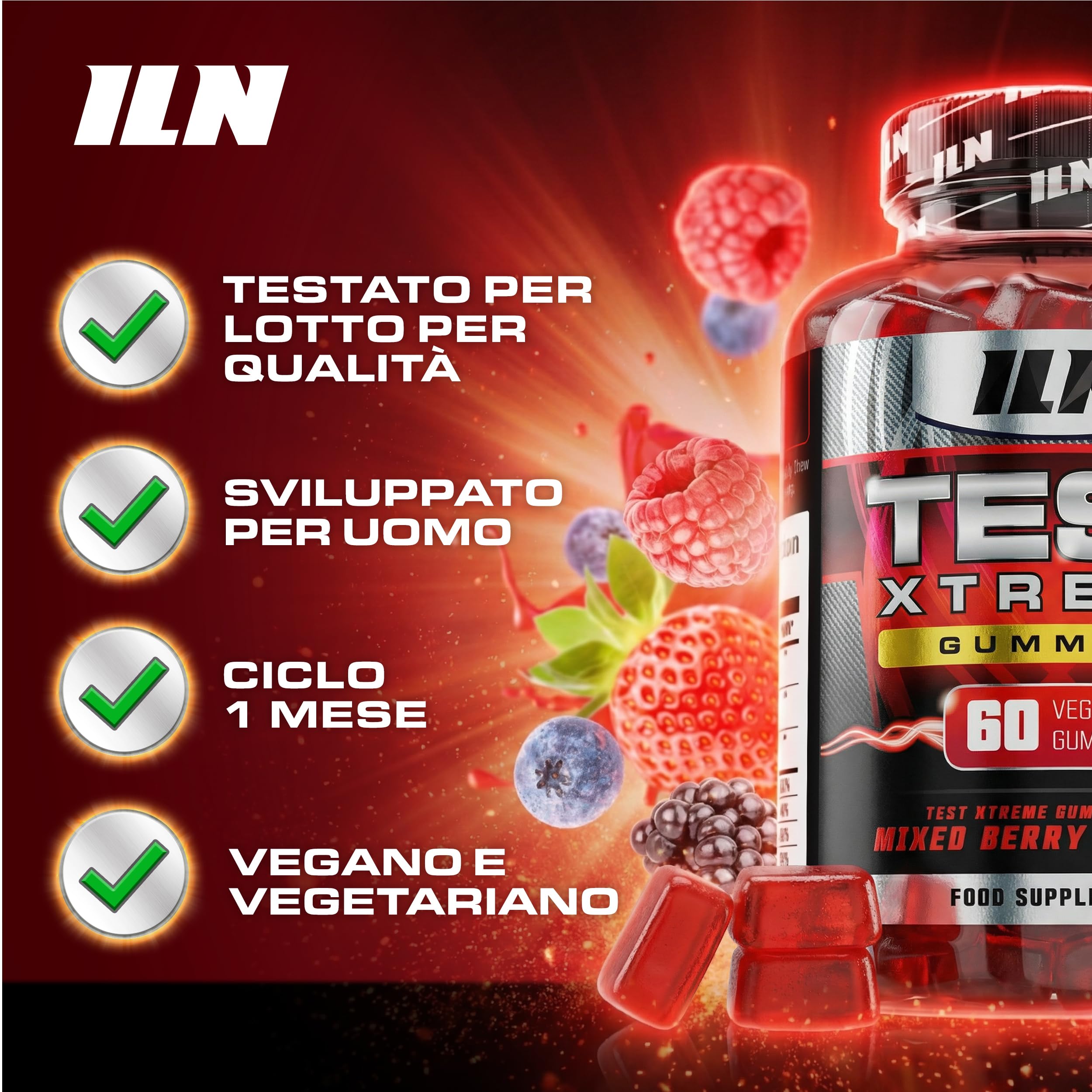 Test Xtreme Gommose Uomo - Maca 30:1, Ginseng, Zinco - Senza Zuccheri, Gusto Frutti di Bosco - 60 Gommose Vegane