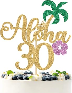 Gold Glitter Aloha 30 Cake Topper, Hello 30/Cheers to 30 Years/Happy 30th Birthday/Anniversay, Tropical Hawaiian Themed 30th Anniversary/Birthday Party Decorations