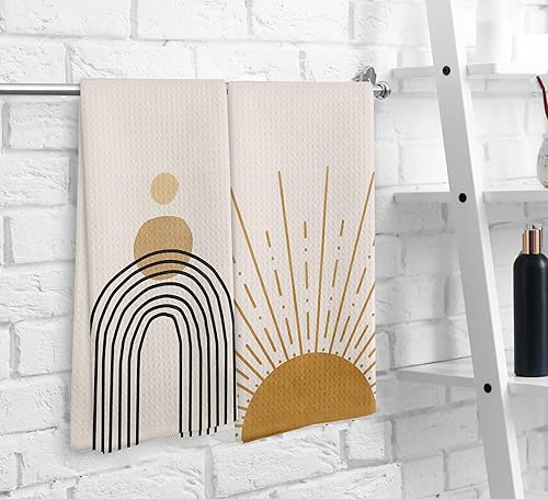 Miniatura 6 de Juego de 2 toallas de cocina y paños de cocina bohemios abstractos con diseño de amanecer y atardecer, diseño bohemio, para baño, cocina, 16 x 24