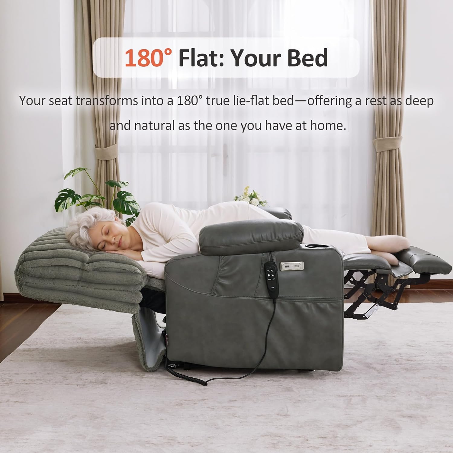 MCombo 180° Lay Flat Power Lift Recliner Chair for Elderly, Dual Motor Lift Chair with Full-Body Heating for Sleeping, Extra Wide Seat,Imitation Rabbit Fur R7123 (Dark Grey)
