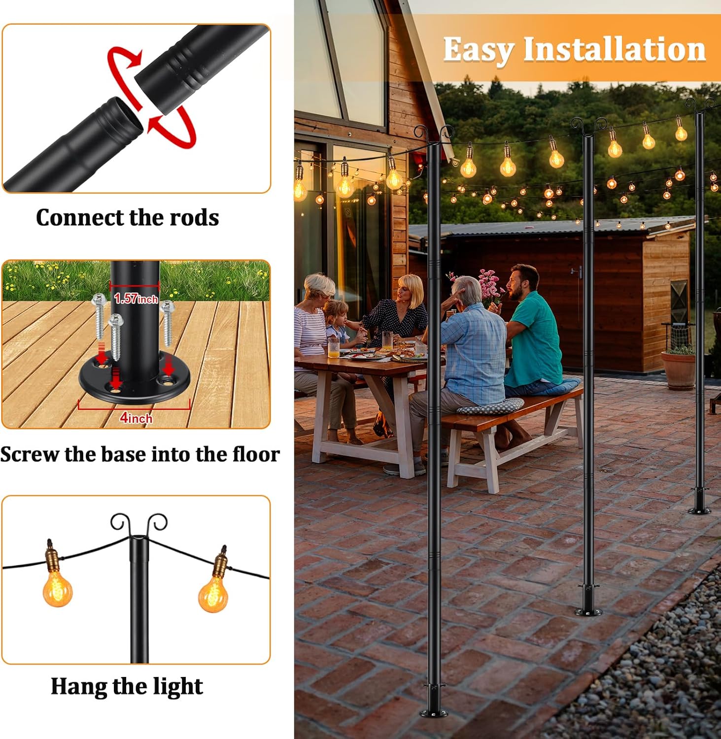 COCONUT String Light Poles for Ground, 8FT Heavy Duty Adjustable Metal Poles for Outdoor String Light Hanging with Flange Base, Backyard, Garden, Patio, for Party (2 Pcs)