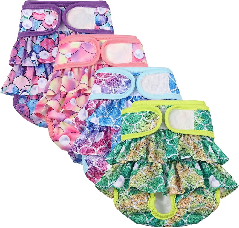 Paquete de 4 pañales para perros, pañales lavables para perros femeninos | Pañales reutilizables para cachorros, pañales cómodos y altamente absorbentes para perros con calor o micción excitable (S, sirena)