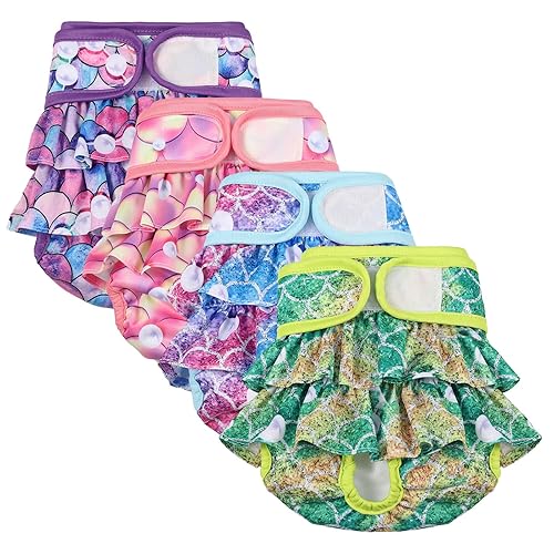 Chenkaiyang 4 Pack Dog Diapers Female Washable Dog Diapers Reusable Puppy Diapers Highly Absorbent Comfortable Doggy Diapers for Dogs in Heat or Excitable Urination (S, Mermaid)