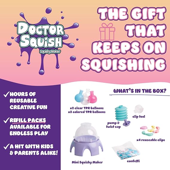 Doctor Squish ミニスクイッシーメーカー | DIYスクイッシー作成キット 5歳以上のお子様向け | TPRバルーンで自分だけのスクイッシーを作る | イージーメーカーのおもちゃ