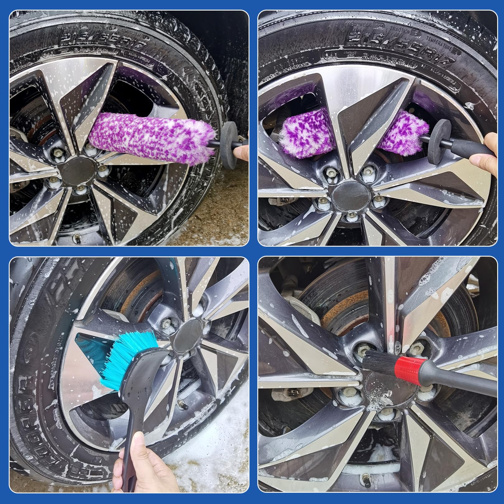Kit de cepillo de limpieza de neumáticos para ruedas, coches, motocicletas, remolques, camiones, cubo de llanta de microfibra ultrasuave 360, juego de cerdas sintéticas plegables para lavar