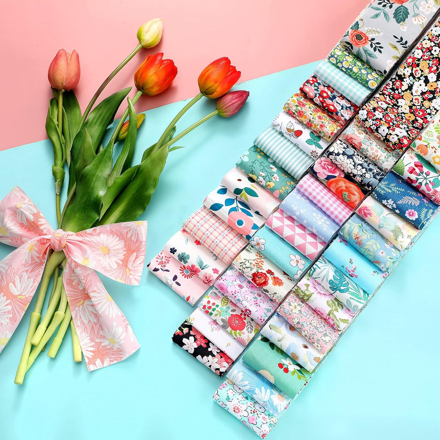 40 Pcs Jelly Cotton Fabric Patchwork Roll, Retro Floral Print Precut Quilting Fabric, Roll Up Cotton Fabric Quilting Strips, 2.55 Inch Patchwork Roll for Craft Sewing DIY Crafts (Fresh Style)