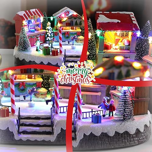 Miniatura 4 de Bdor Escena de pueblo de mercado navideño con luces LED | 8.3 x 5.9 x 5.9 pulgadas, decoración navideña a pilas con puestos de mercado musicales y