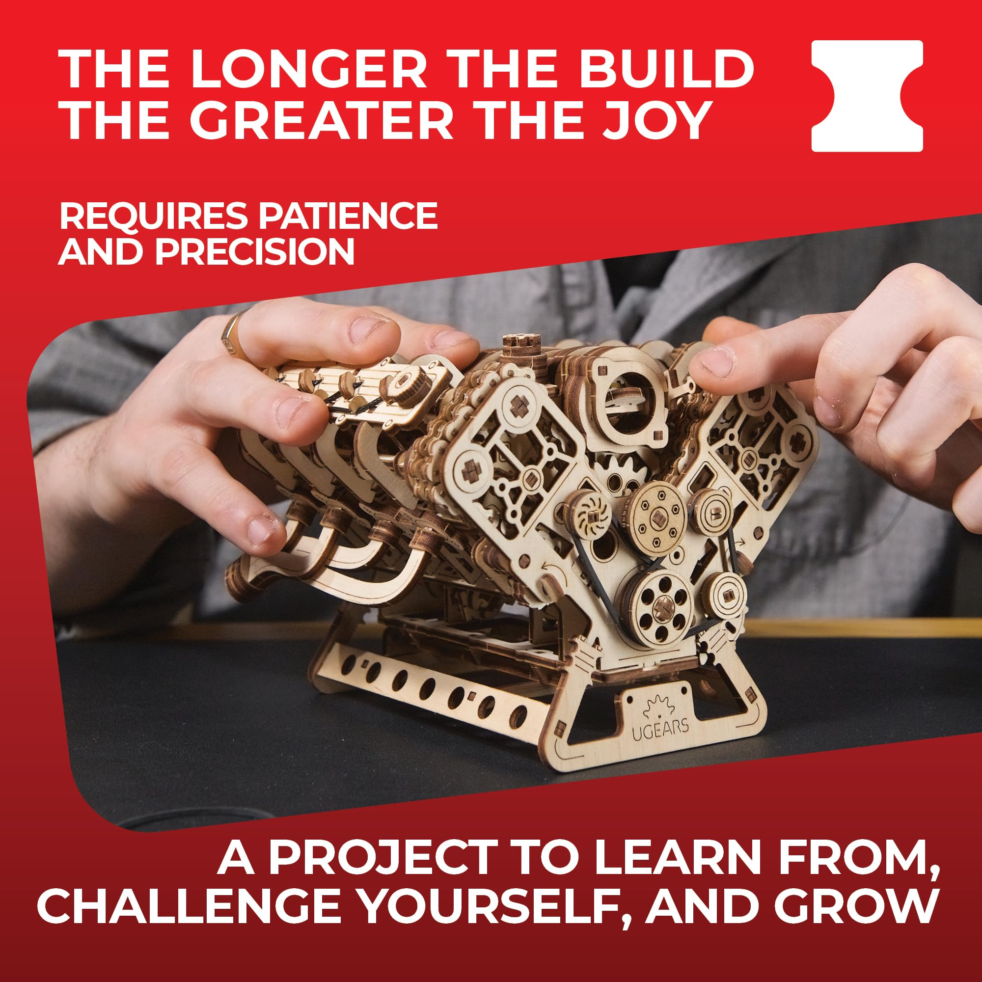 UGEARS V8 Engine Model Kit - 3D Wooden Puzzles for Adults, 3D Puzzle Model Engine Kit, DIY Kits Gifts for Engineers for Christmas, Wooden Model Kits for Adults to Build, Brain Teaser Hobby Set