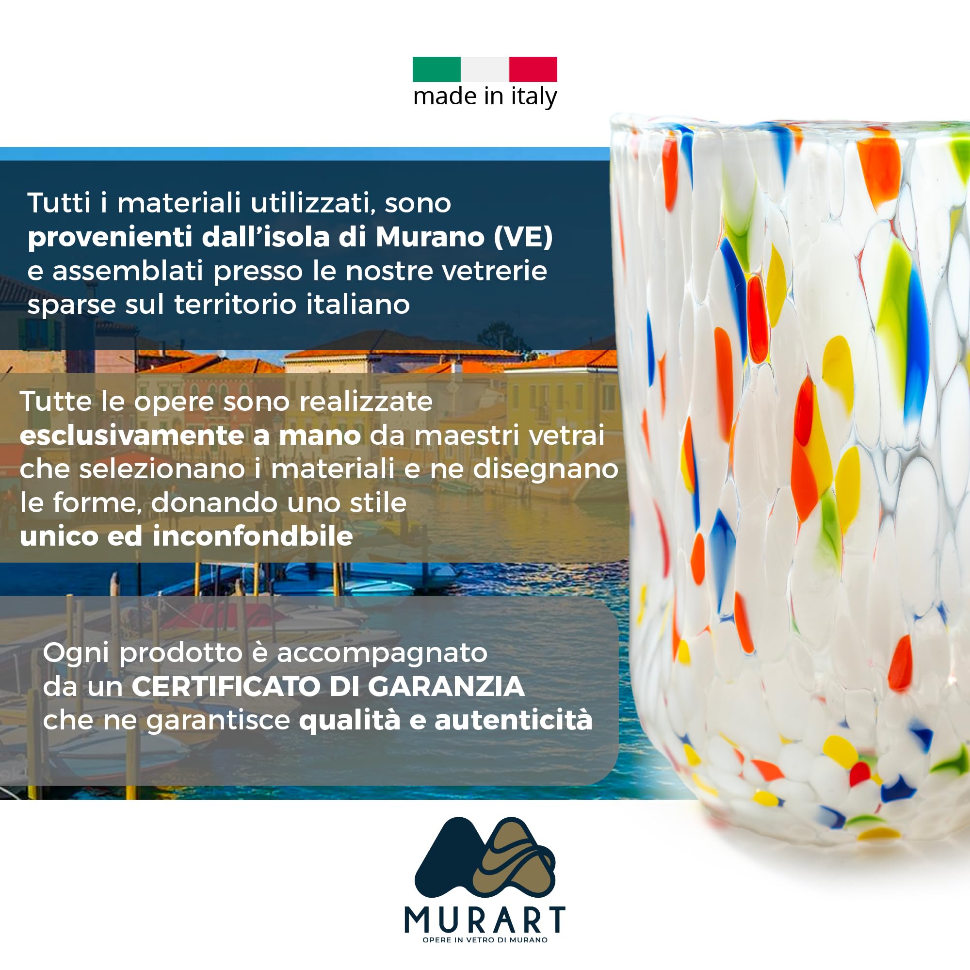 MurArt 6 Bicchieri di Murano Set da 6 Bicchieri Misto da Acqua da 400ml in Vetro Soffiato a Mano in Lavorazione Artigianale Collezione Eleganza Made in Italy