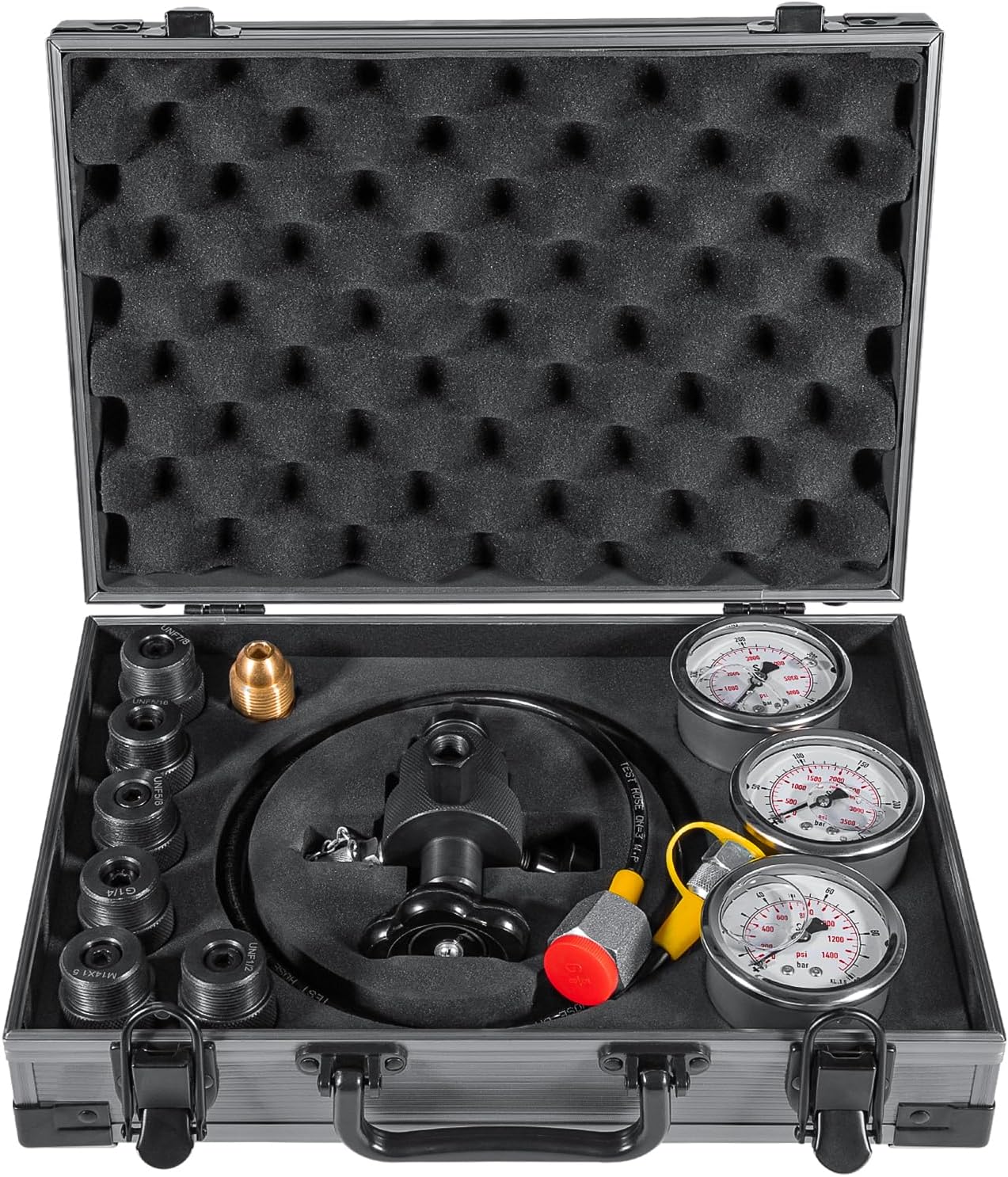 GK-01 Hydraulic Accumulator Nitrogen Charging System Nitrogen Fill Kit Pressure Test Gauge Kit Gas Charging Tool 3 Gauge 7 Couplings Gas Hose Main Valve CGA580 Adapter 100/250/400Bar 1500/4000/6000PSI