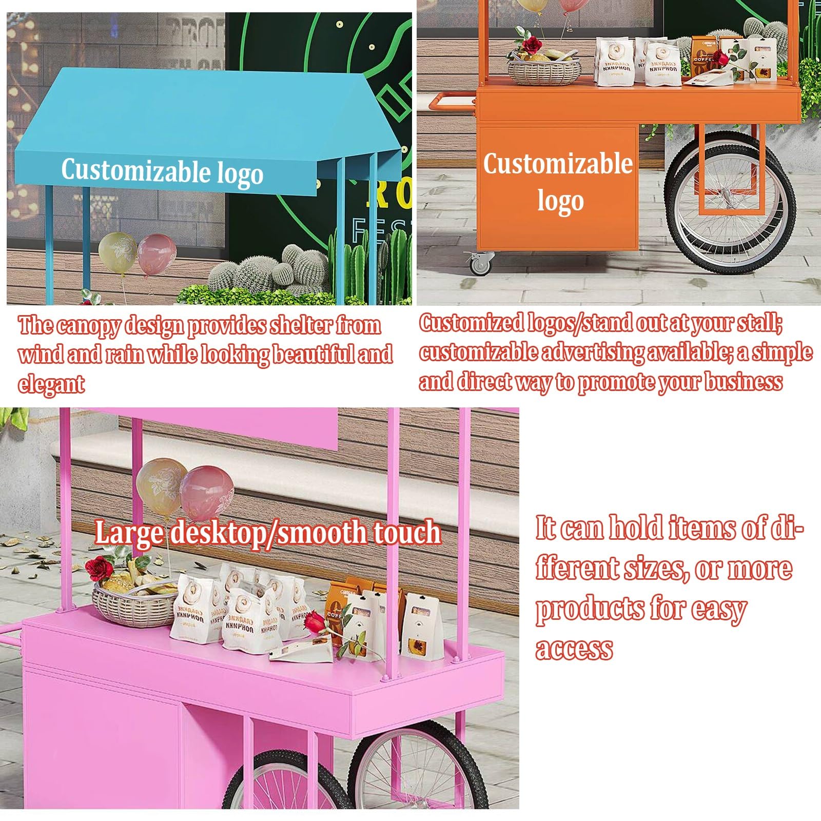 Móvil De Venta Ambulante De Comida con Sombrilla,Puesto De Mercado De Hierro con Toldo Y Caja De Almacenamiento,para Puestos Al Aire Libre,Campamentos Y Eventos(Black,160cm/63in)