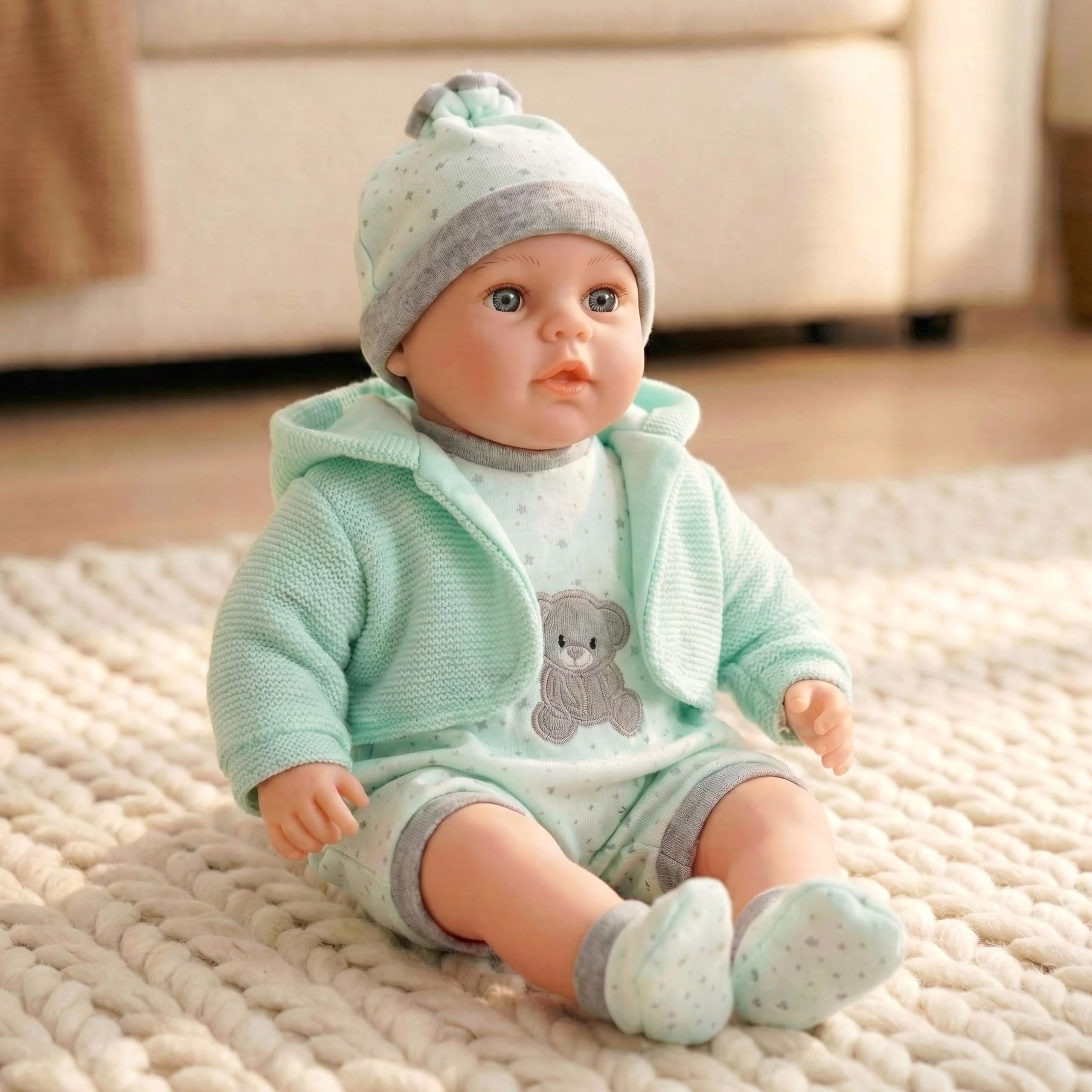 The Magic Toy Shop BiBi Doll 18-Inch Baby Doll Willow with 16 Baby Sounds – Realistic Newborn Boy with Dummy, Soft Fabric Body, Vinyl Limbs & Removable Green Outfit – for Girls & Boys 18 Months+ — image 1