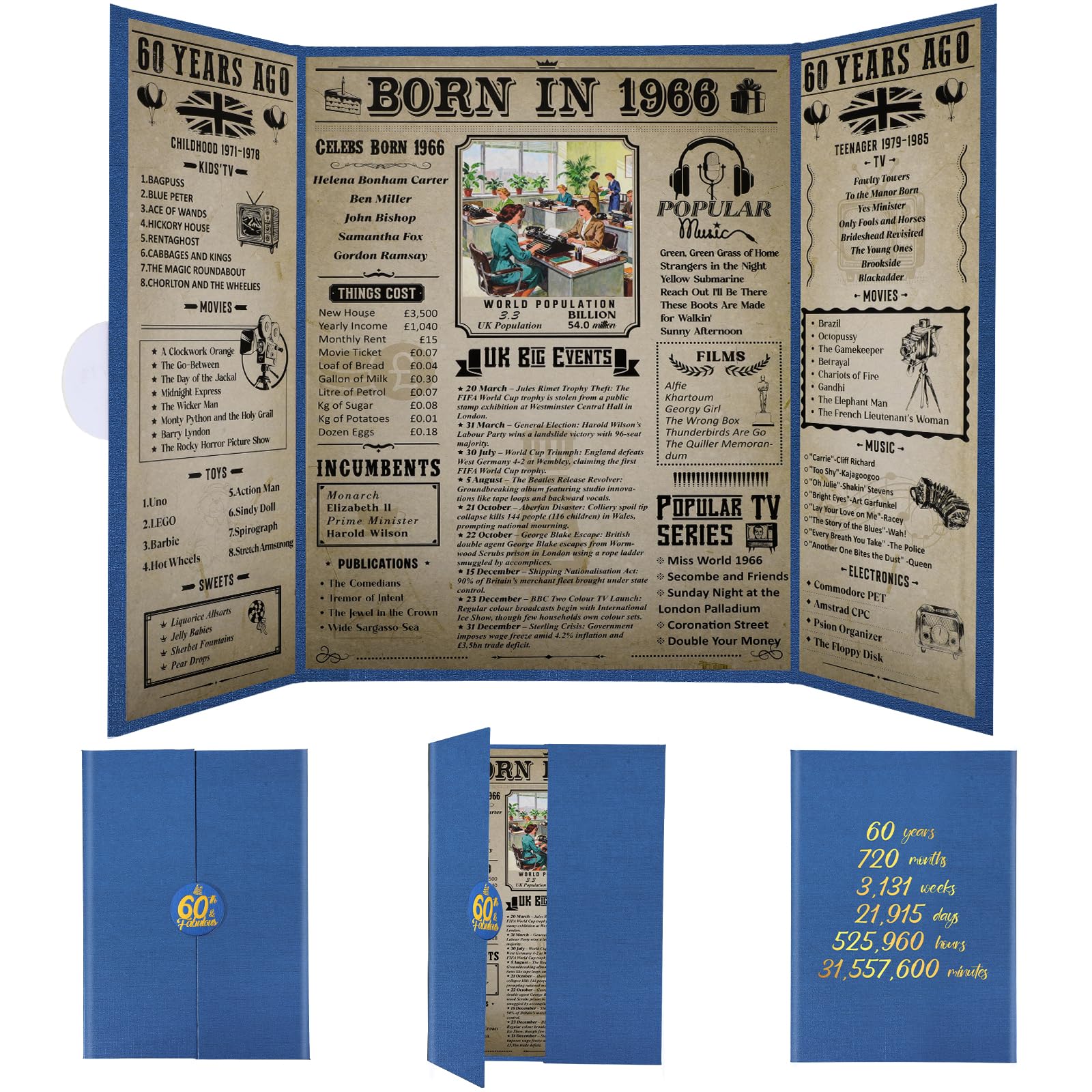 Thboxes Born In 1966 UK Birthday Poster,60th Birthday Gifts for Men Women Vintage Foldable Born In 1966 Newspaper, Happy 60th Decorations Supplies for 60 Years Old Grandpa, Grandma, Dad, Mom, Friends