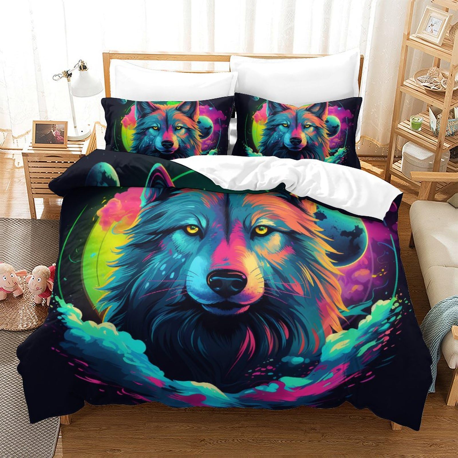 Parure de lit loup 3D 260x220 cm en microfibre pour lit super king size