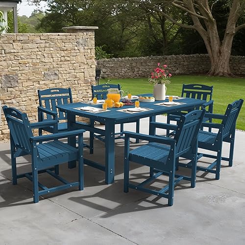 Miniatura 8 de Juego de comedor de exterior de HDPE con mesa y 6 sillas, juego de mesa y sillas de 7 piezas para todo clima, agujero para parasol de 2 pulgadas,