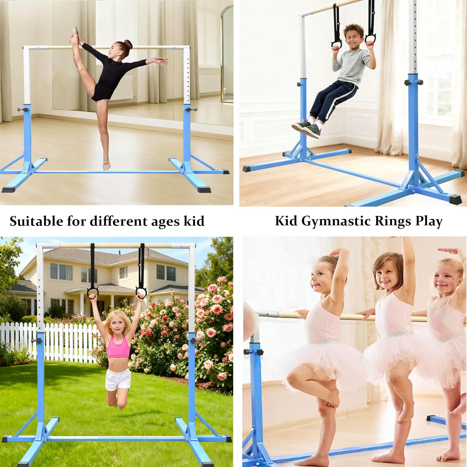 Kids Gymnastics Bar Horizontal Bar with Gymnastic Rings 13 Height Adjustable,Junior Training Kip Bar Gymnastics Equipment for Home Gym, Indoor Outdoor Use